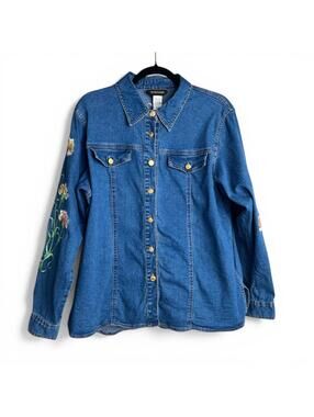 Vintage Bob Mackie Wearable Art Denim Shirt with Floral Embroidery